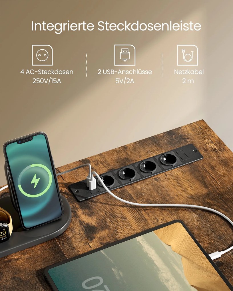 Secretária em forma de L com tomadas e Com iluminação LED castanho vintage