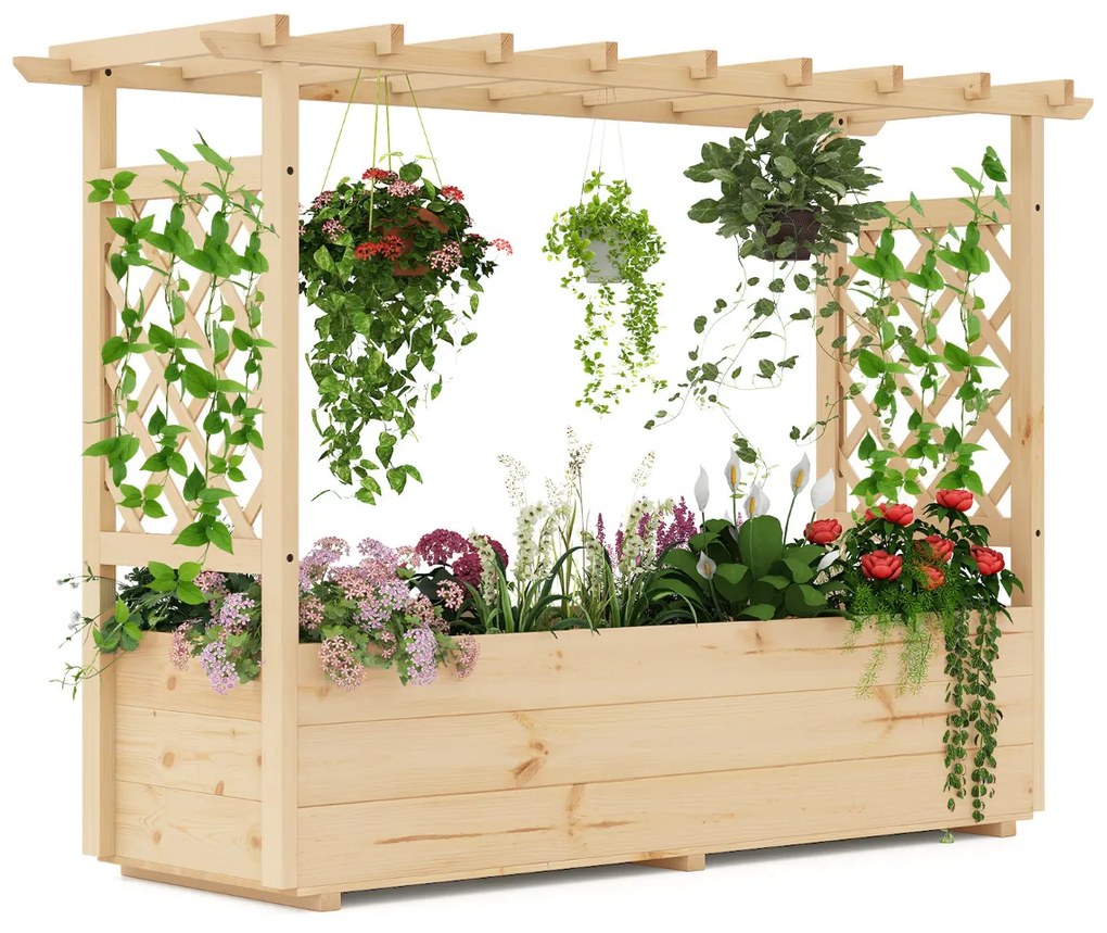 Floreira de jardim elevada com treliça, teto suspenso e drenagem madeira para trepadeiras e flores 148 x 50 x 103 cm Natural