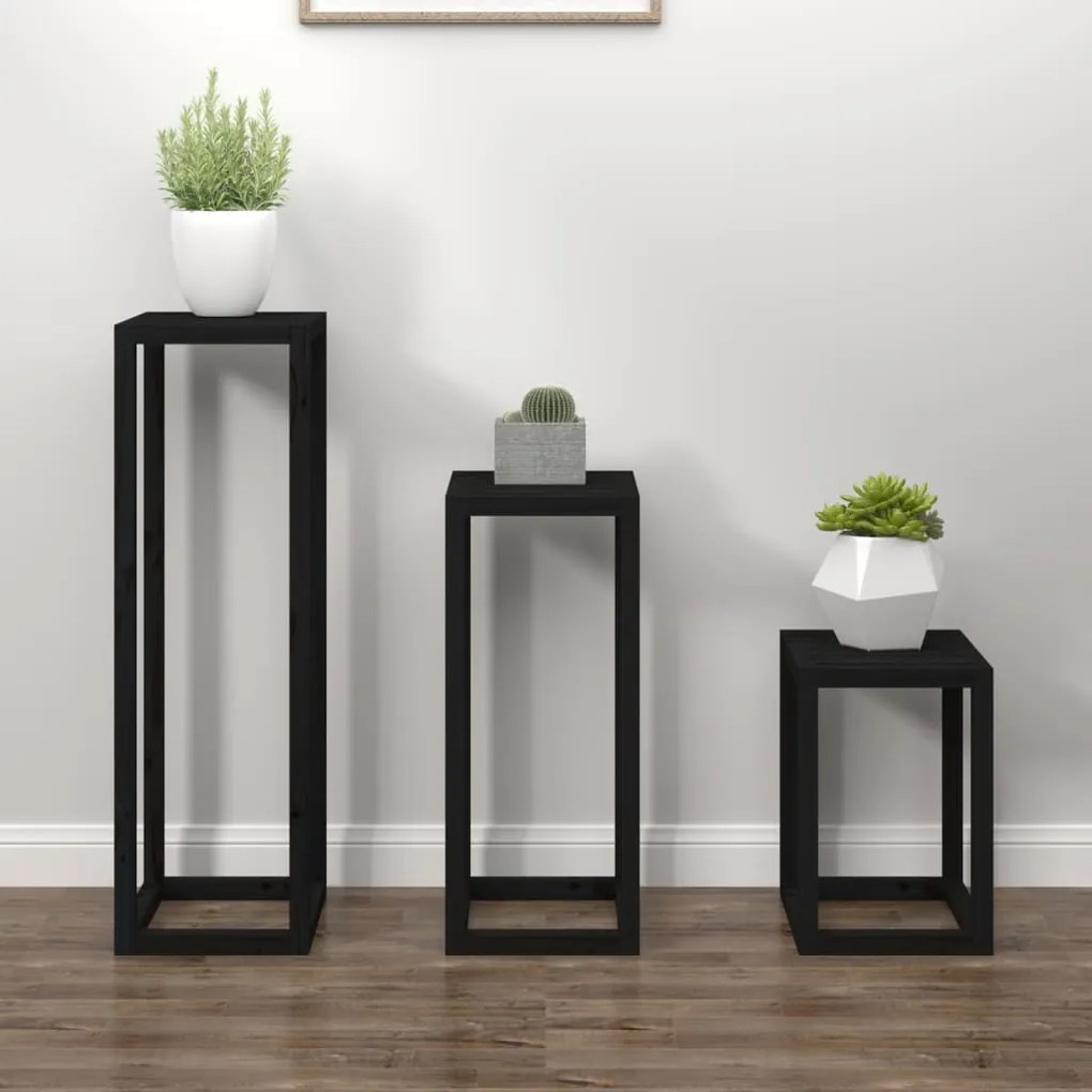 vidaXL 3 pcs conjunto de suporte plantas pinho maciço preto