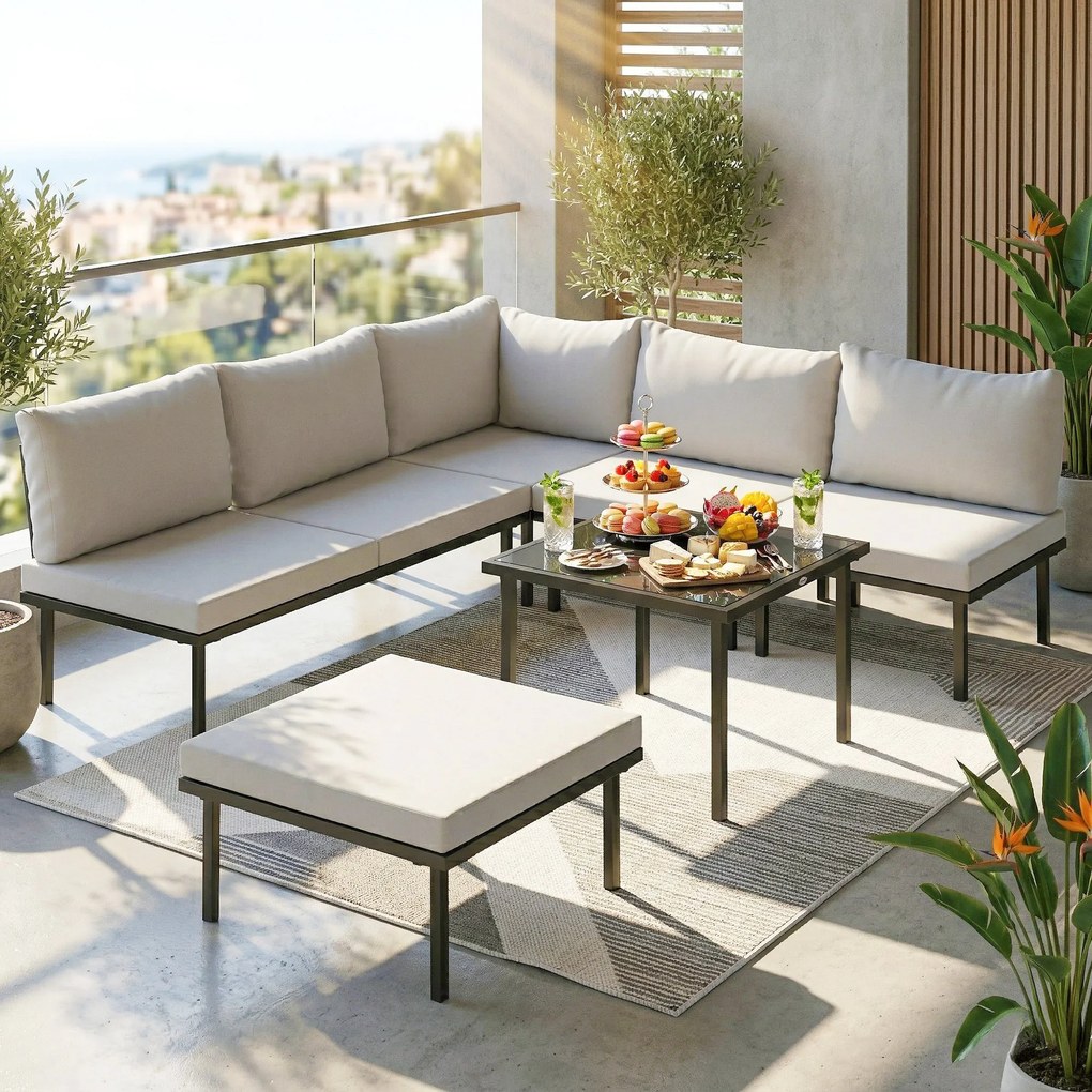 Conjunto de Jardim Exterior de 6 peças com Sofá de 2 Lugares Módulo de Canto 2 Assentos Apoio para Pés e Mesa de Vidro Cinza Claro