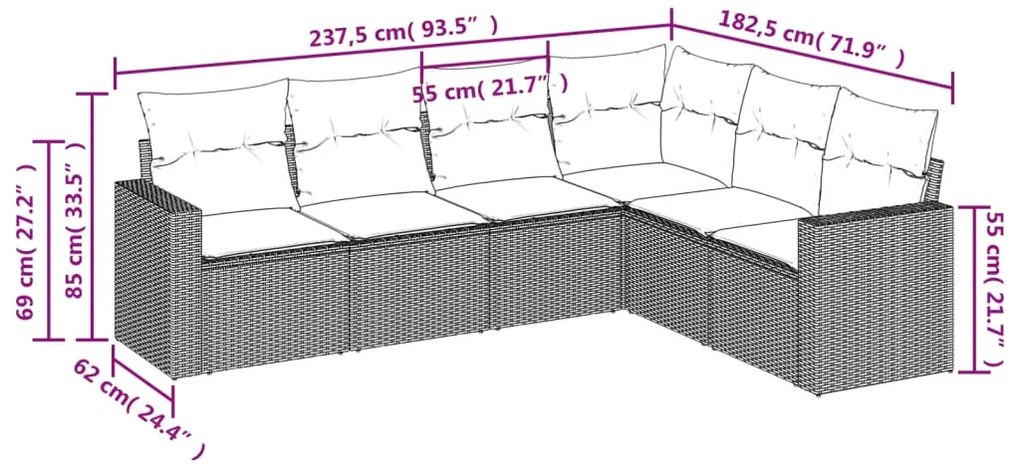6 pcs conjunto sofás de jardim com almofadões vime cinzento