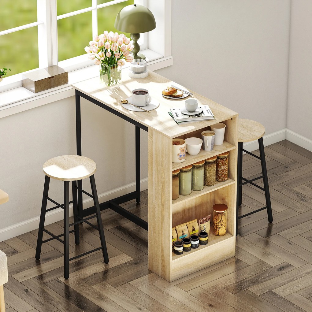Conjunto de mesa de bar com bancos, compartimentos abertos, prateleira ajustável e apoio para os pés, em carvalho e preto