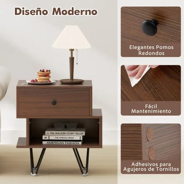Conjunto de 2 mesas de cabeceira com gaveta removível e compartimento aberto 44 x 29 x 47 cm cor nogueira