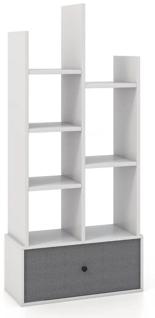 Estante de 7 níveis com gaveta e 7 compartimentos Estante de madeira para sala de estar Quarto 53 x 24 x 118 cm Branco