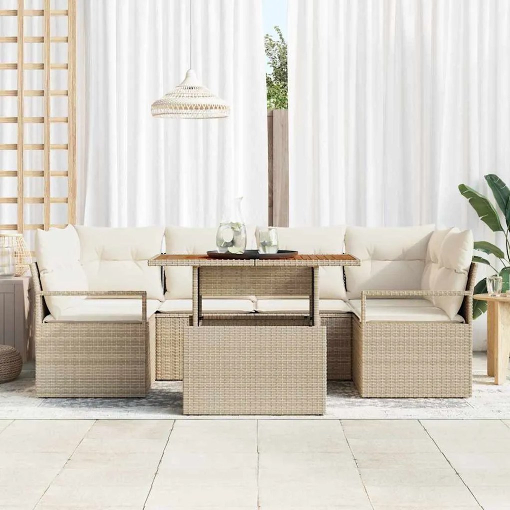 Conjunto de Sofás de Jardim 7 Peças com Almofadas Bege em Rattan Sinté