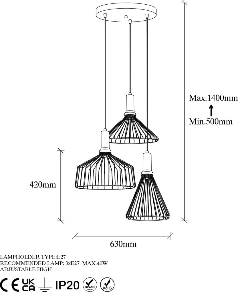 Candeeiro Suspenso Dear – Ouro Brilhante – 63 x 63 x 135 cm