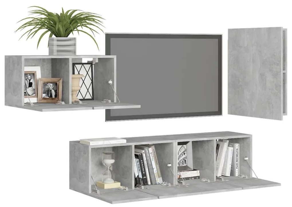 4 pcs conjunto de móveis TV derivados madeira cinzento cimento