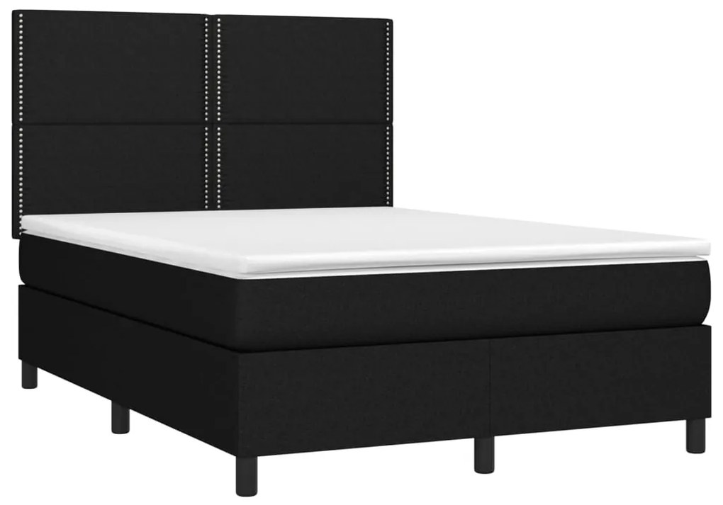 Cama box spring c/ colchão e LED 140x190 cm tecido preto