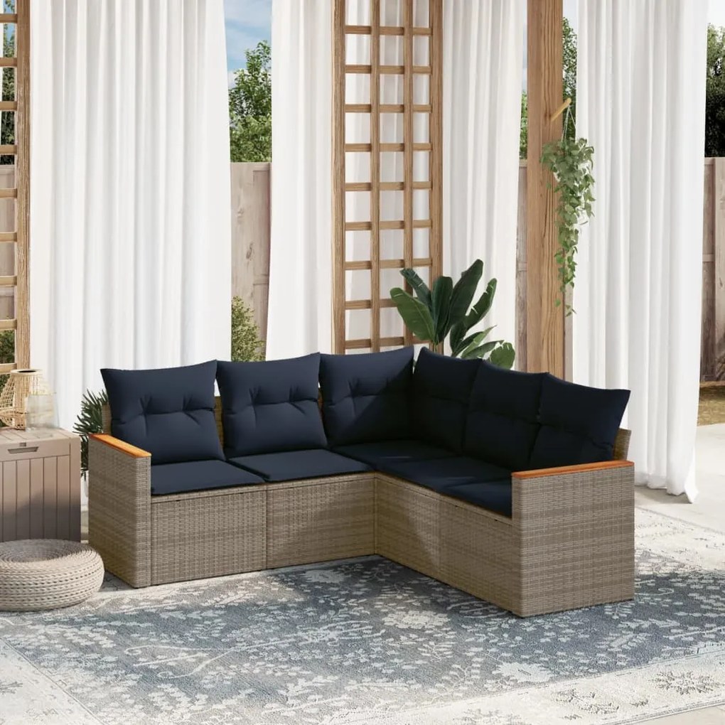vidaXL 5 pcs conjunto sofás p/ jardim c/ almofadões vime PE cinzento