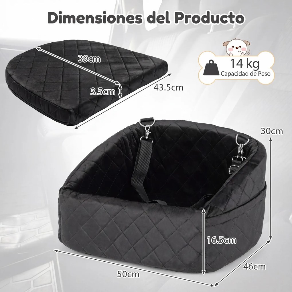 Transportadora de cães para Carro, 50 x 46 x 30 cm, Com Trela de Segurança, Preto