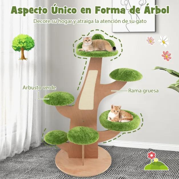 Arranhador para gatos Altura 128 cm com tábua de arranhar Topo Poleiro de pelúcia e plataformas de salto Torre de madeira para gatos Verde