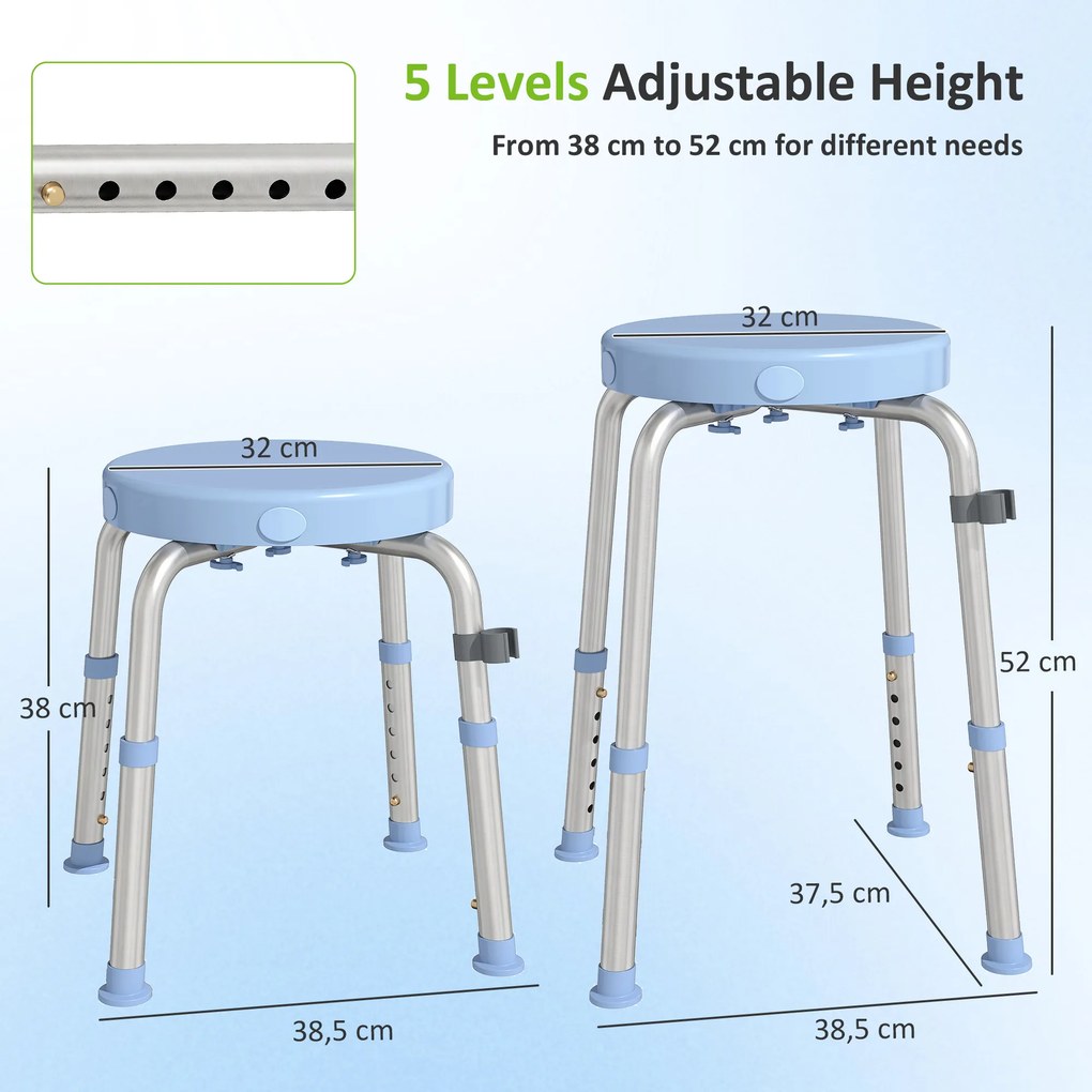 Banco de Duche Giratório, 5 Alturas Reguláveis, Antiderrapante, em Liga de Alumínio, Capacidade 136 kg, Azul-claro