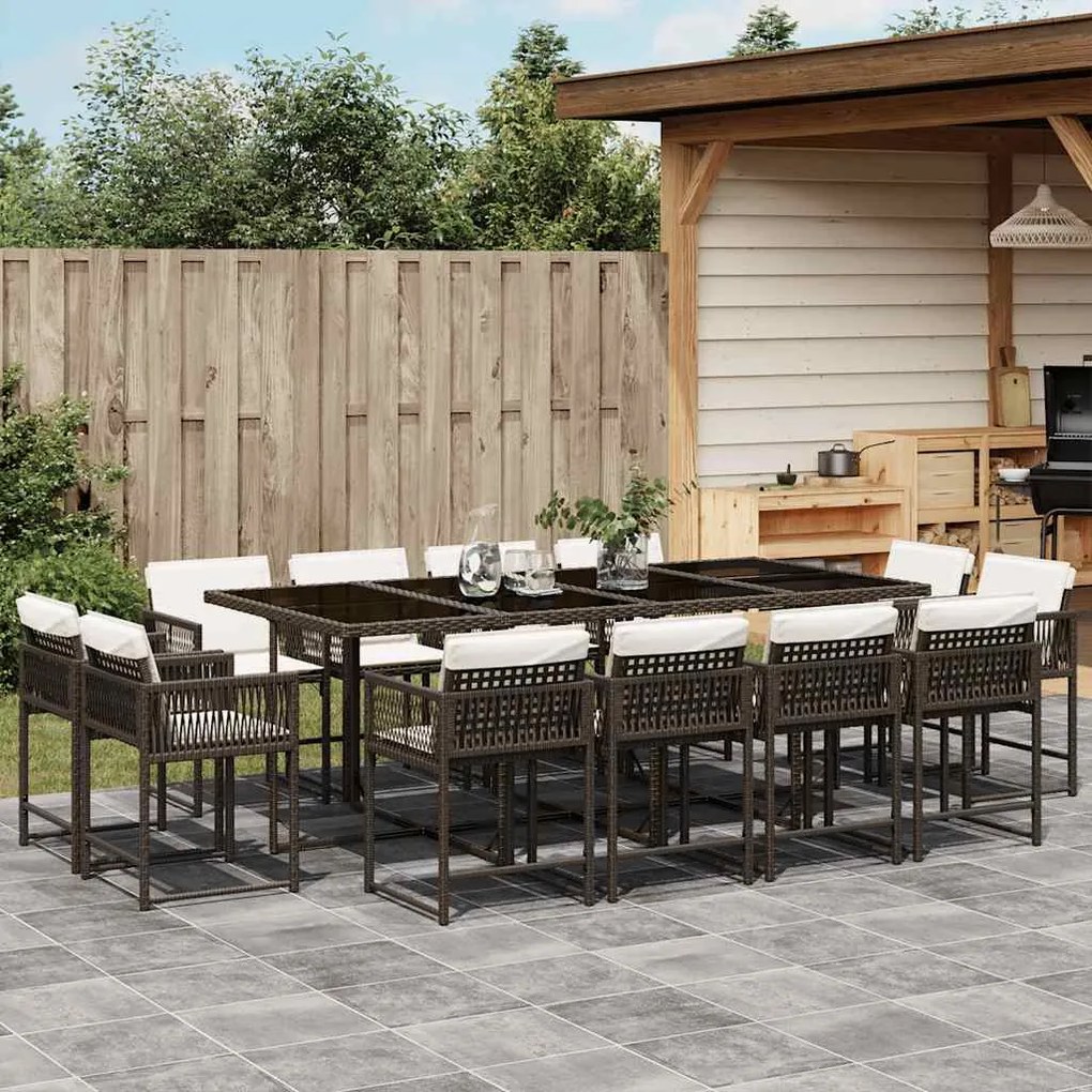 13 pcs conjunto jantar p/ jardim c/ almofadões vime PE castanho
