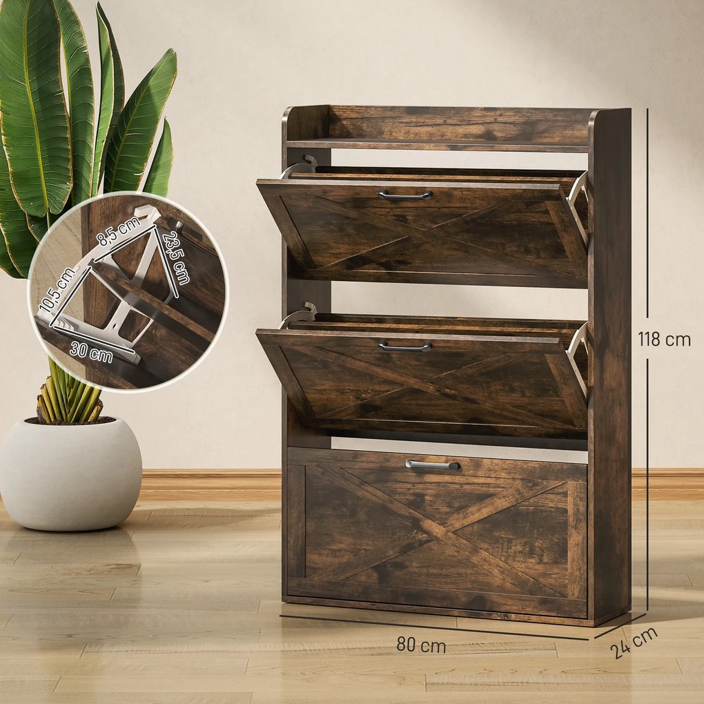 Sapateira de 3 Portas com Prateleiras Ajustáveis Estilo Industrial para 24 Pares de Sapatos 80x24x118 cm Castanho Rústico