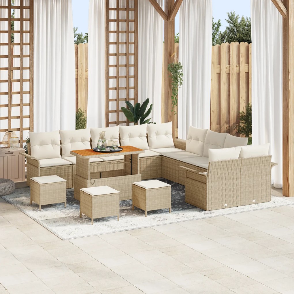 Conjunto de Sofá de Jardim com 14 Peças e Almofadas Bege Rattan Acácia