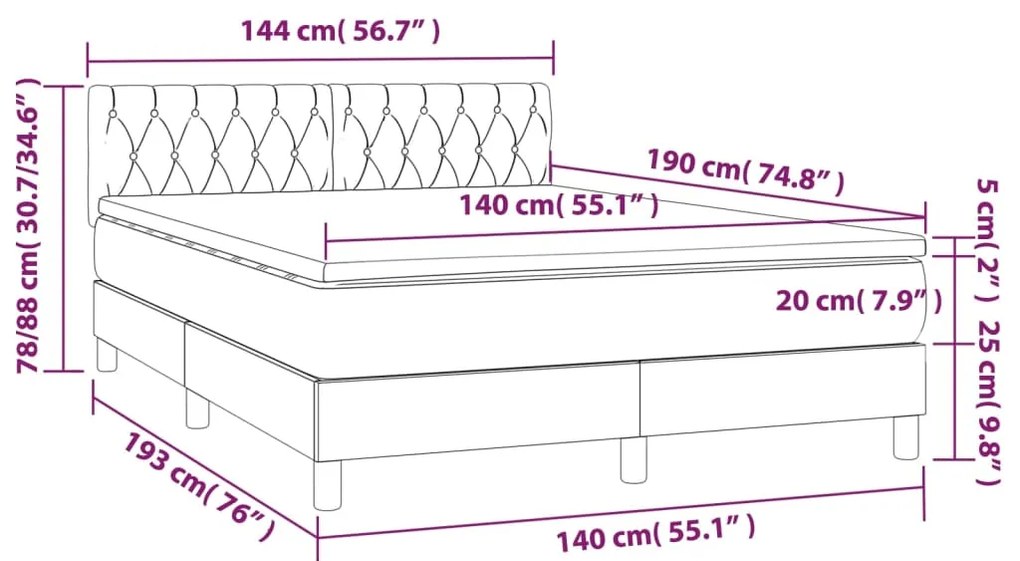 Cama box spring c/ colchão e LED 140x190 cm tecido cor creme