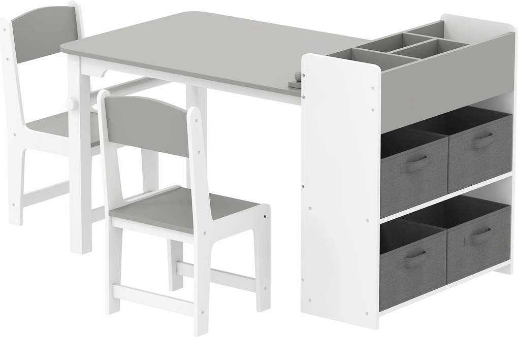 Conjunto de mesa e 2 cadeiras infantis em madeira com rolo de papel, prateleiras e gavetas, para meninas e meninos dos 3 aos 8 anos, cinzento