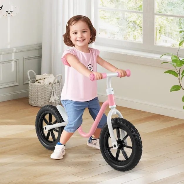 Bicicleta sem pedais crianças com guiador e assento ajustável em altura, bicicleta de aprendizagem com rodas de 12 polegadas, cor-de-rosa