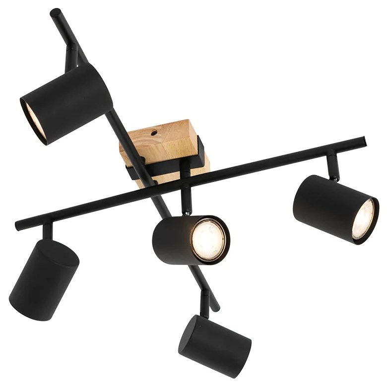 Candeeiro de teto preto com madeira 5 luzes ajustáveis retangular - Jeana Moderno,Industrial