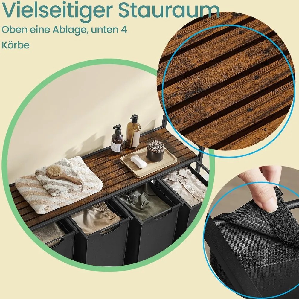 Cesto para roupa suja com 4 compartimentos e prateleira de 160 L, 116 x 33 x 72 cm castanho vintage + preto