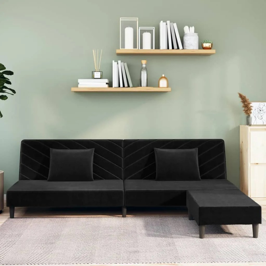 vidaXL Sofá-cama de 2 lugares c/ 2 almofadas/apoio pés veludo preto