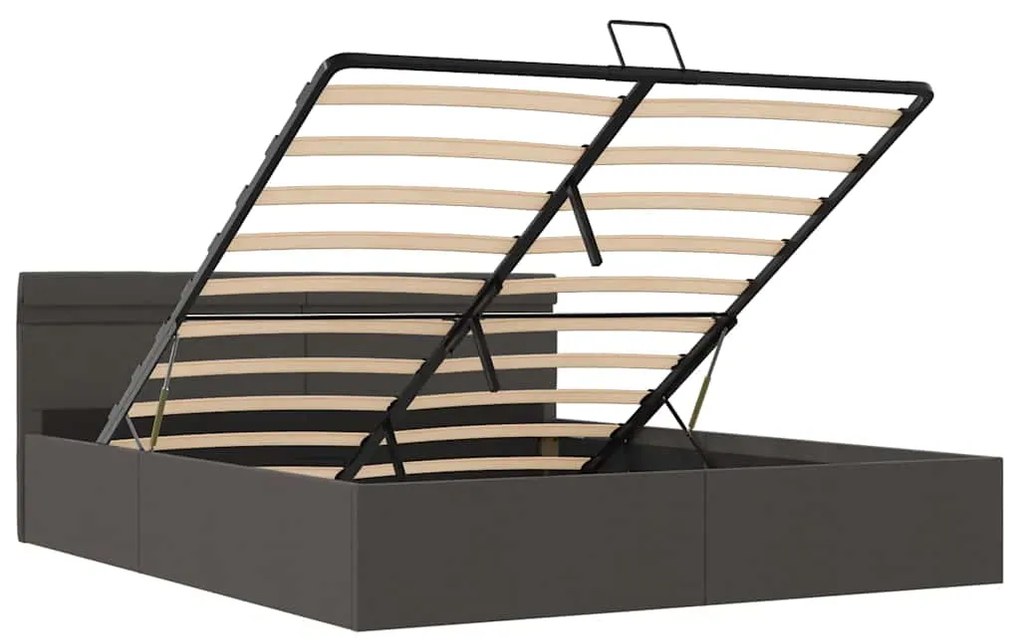 Cama hidráulica c/ arrumação LED 160x200cm tecido cinza-escuro