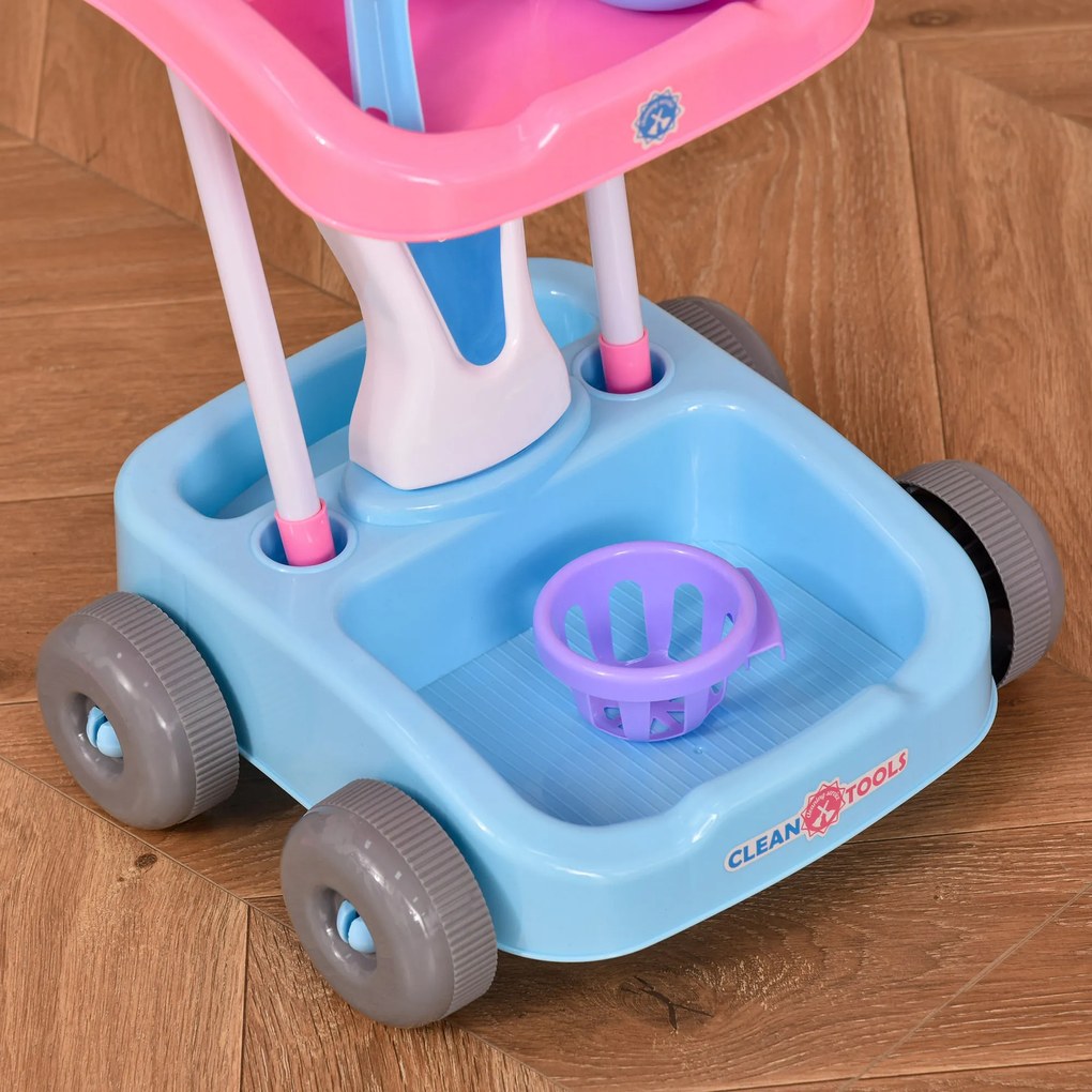 HOMCOM Carrinho de Limpeza para Crianças acima de 3 Anos com Robot Aspirador Elétrico com Luzes e Sons 23 Acessórios Incluídos 42x32x49,5cm Rosa e Azul