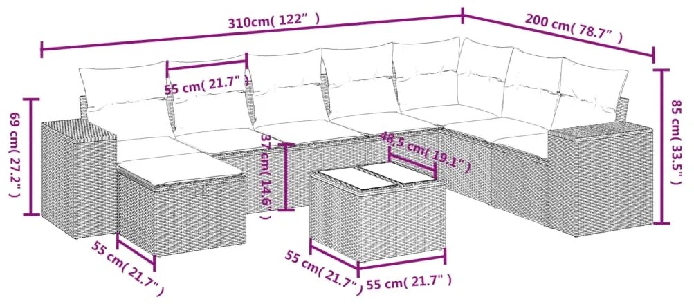 9 pcs conjunto sofás p/ jardim com almofadões vime PE cinzento