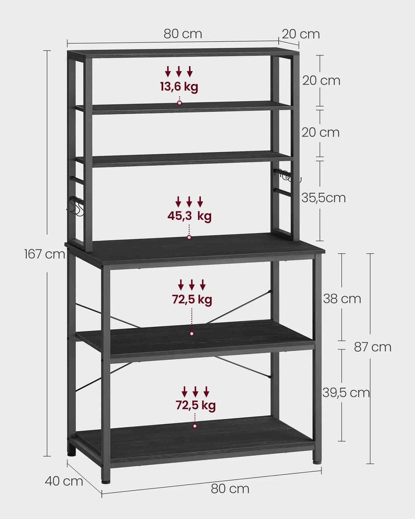 Armário de cozinha de design industrial 80 x 40 x 167 cm Cinzento antracite + Preto