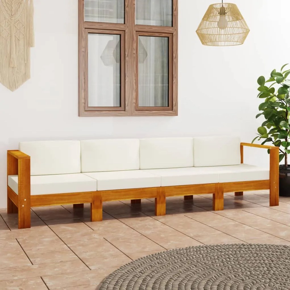 vidaXL Sofá jardim 4 lugares c/ almofadões branco nata acácia maciça