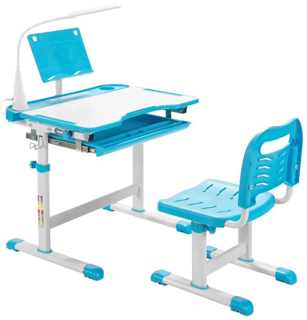 Conjunto de Mesa e Cadeira para Crianças de Estudo Regulável em Altura Cadeira de Mesa de Estudo Regulável Gaveta de Puxadores de Luz LED na Gaveta de