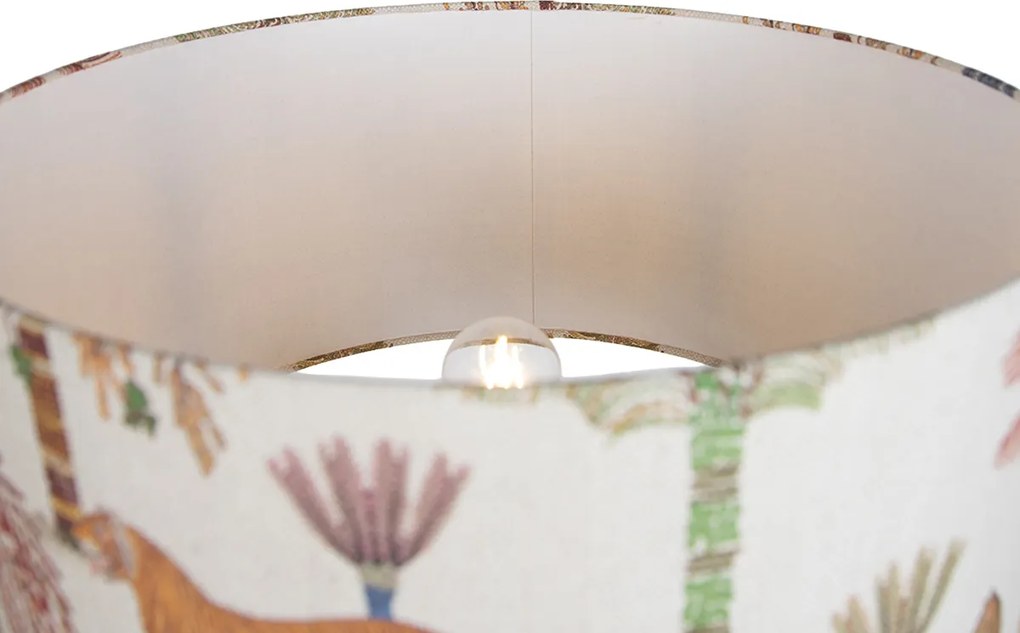 Candeeiro de pé tripé de madeira com abajur multicolorido com estampado de animais 50cm - Lou