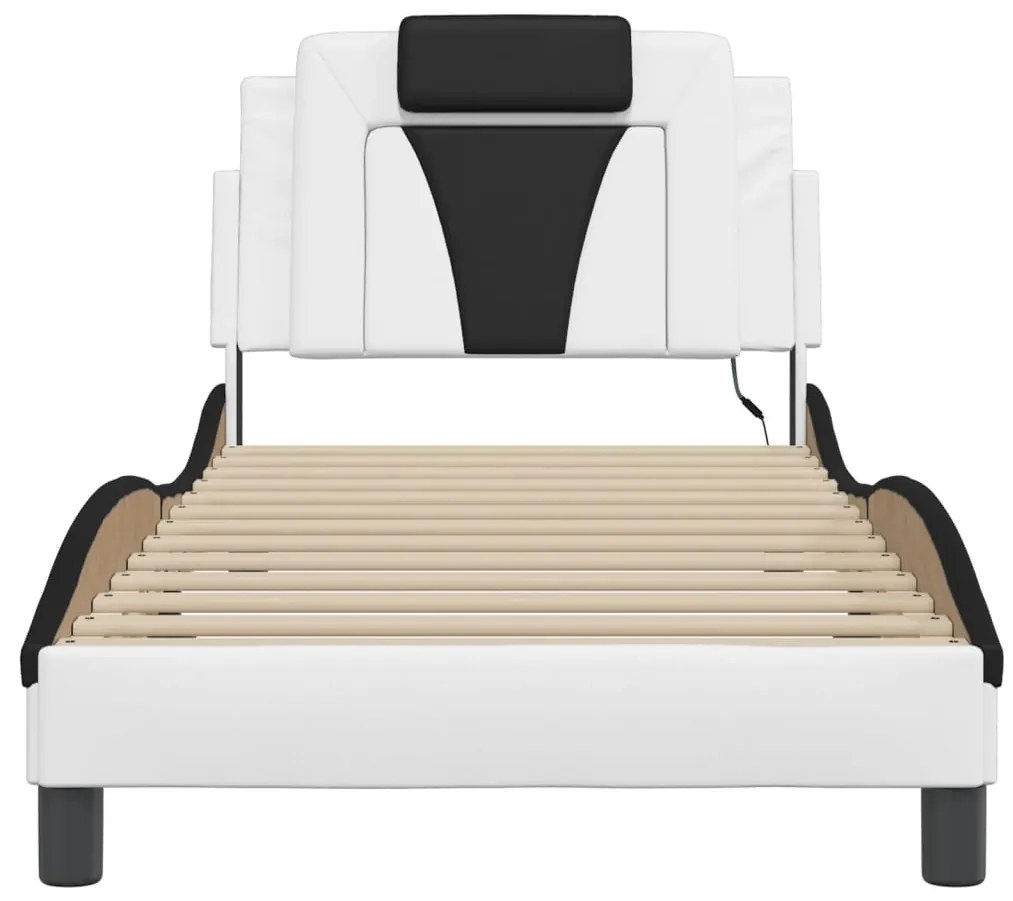 Estrutura cama c/ luzes LED 90x190 cm couro artif. branco/preto