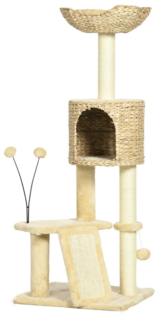 PawHut Arranhador para Gatos de 116 cm com Postes para Arranhar Cama Caverna de Taboa Rampa e Bolas 45x40x116 cm Bege