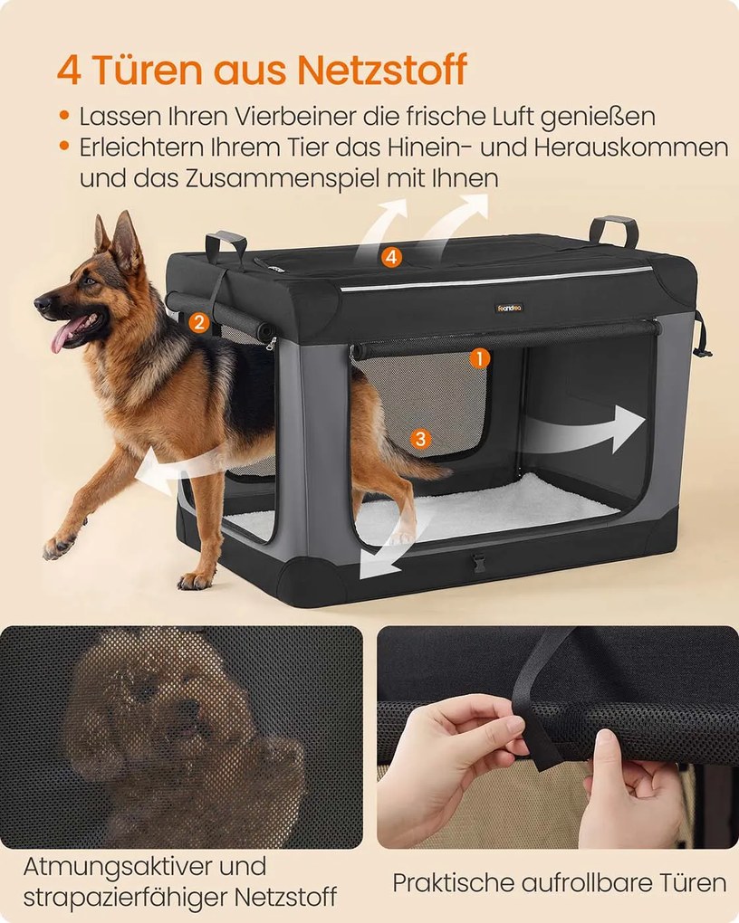 Transportadora dobrável para cães 106,7 x 71,2 x 71,2 cm com 4 portas em tecido de malha Preto