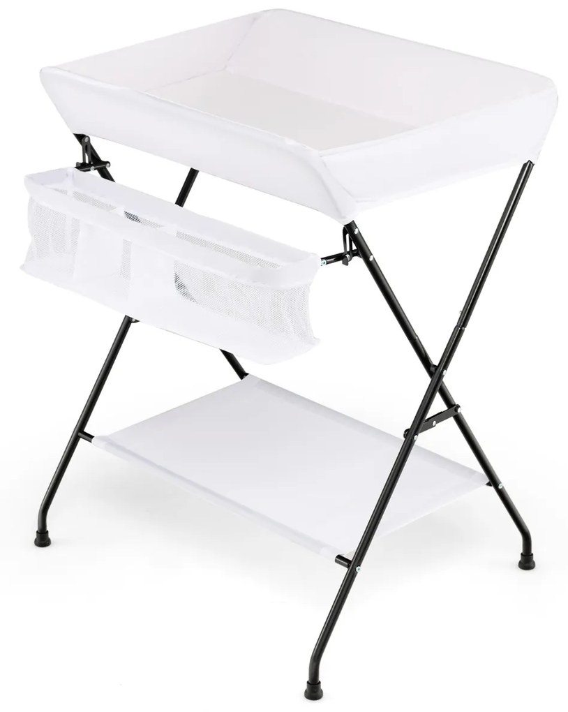 Trocador de Fraldas para bebé dobrável portátil com cesto de fraldas de 3 compartimentos e prateleira para bebês 80 x 63 x 103 cm Branco
