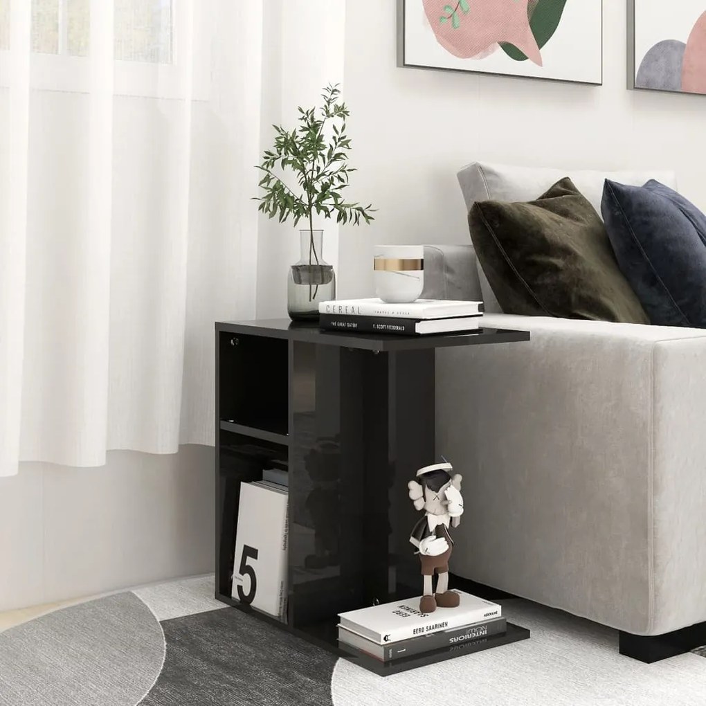 vidaXL Mesa de apoio 50x30x50 cm contraplacado preto brilhante