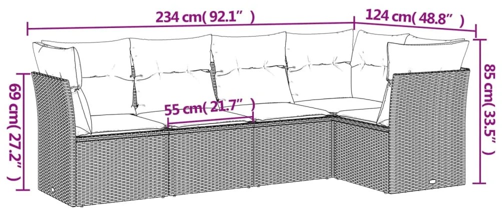 5 pcs conjunto sofás de jardim c/ almofadões vime PE cinzento