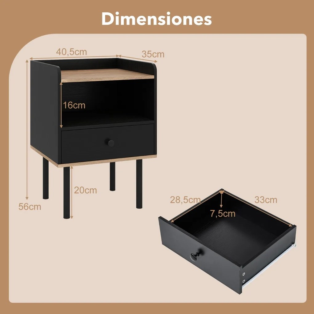 Conjunto de 2 mesas de cabeceira 40,5 x 35 x 56 cm com gaveta e prateleira aberta, pernas de metal, mesa auxiliar compacta para sala ou quarto, preta