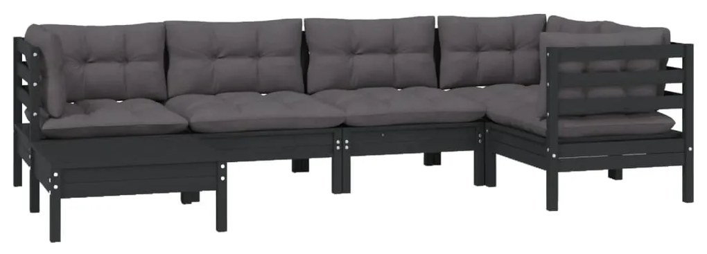 6 pcs conjunto lounge jardim c/ almofadões pinho maciço preto