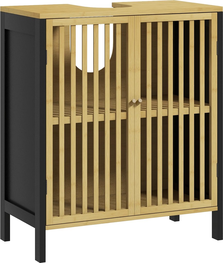 HOMCOM Móvel Sob Lavatório 2 Portas com Prateleira Ajustável 60x30x70 cm Mdf e Bambu | Aosom Portugal