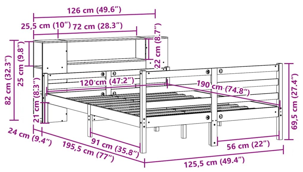 Cama com estante sem colchão 120x190 cm pinho maciço