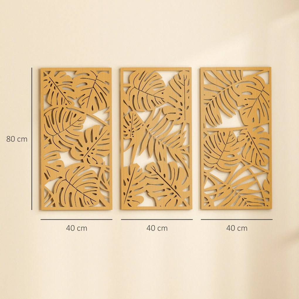 Decoração de Parede de Madeira 3D 3 Peças 40x80 cm Adornos com Padrão de Folhas Tropicais Madeira
