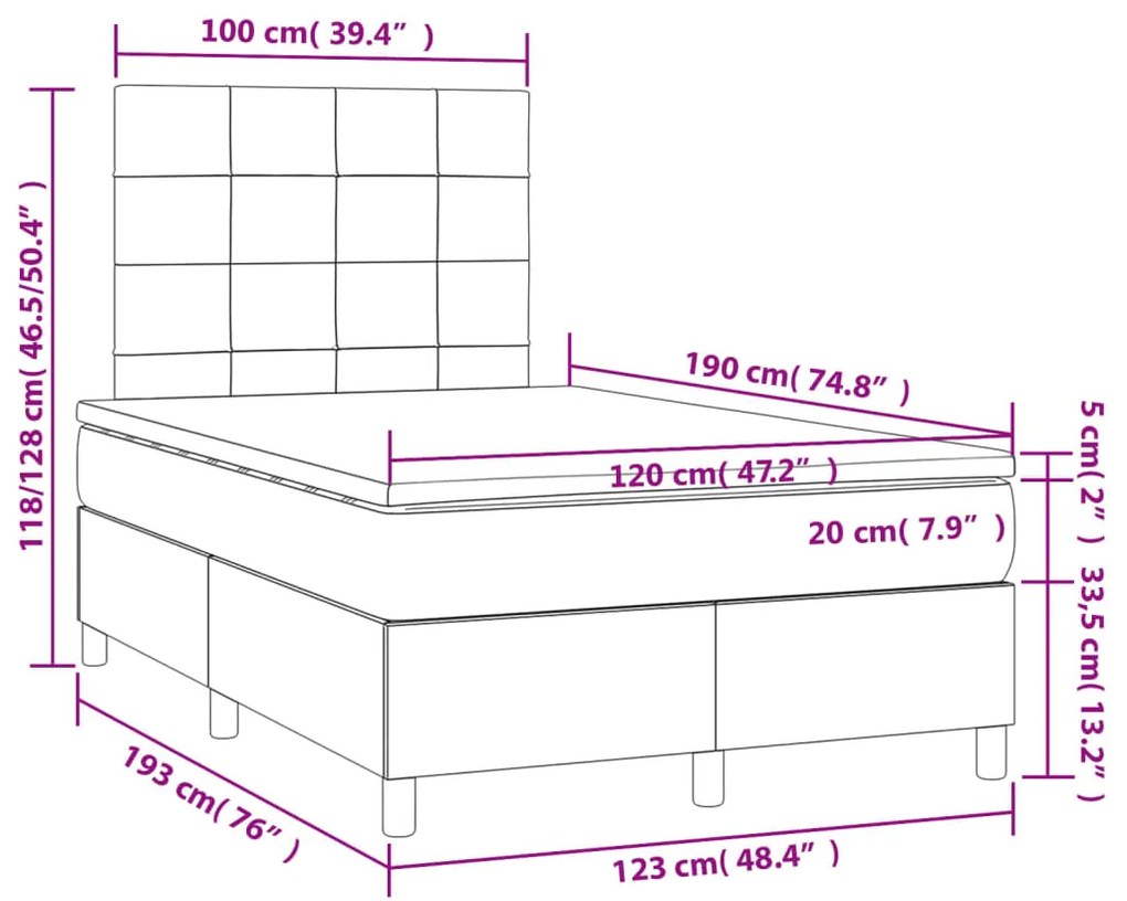 Cama boxspring com colchão 120x190 cm veludo azul-escuro