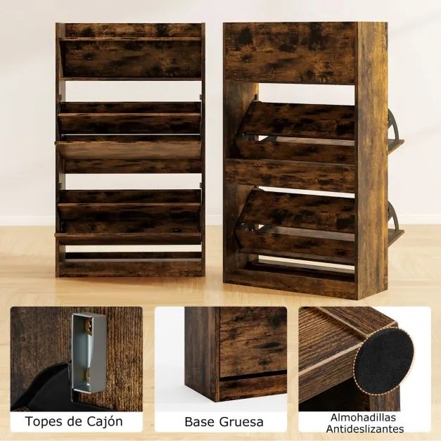 Sapateira 60 x 24 x 102 cm com 2 gavetas rebatíveis e espaço de arrumação aberto para corredor ou sala de estar Castanho