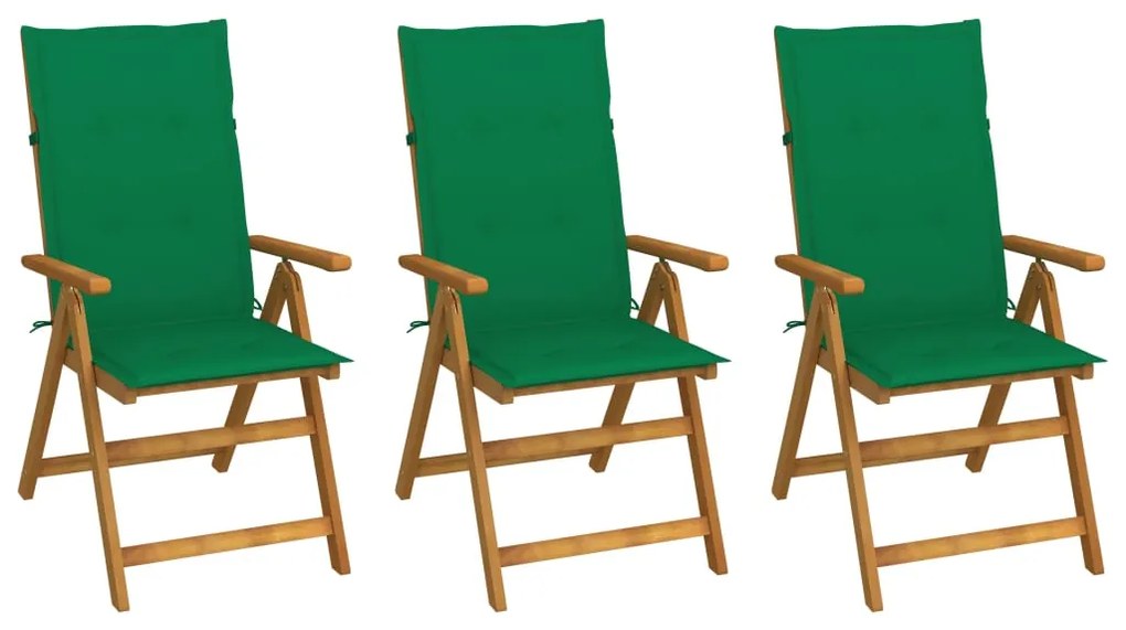 vidaXL Cadeiras de jardim dobráveis c/ almofadões 3 pcs acácia maciça