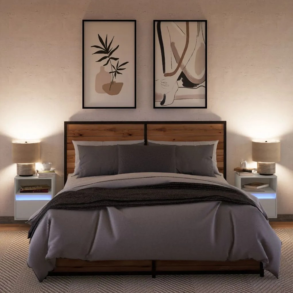 Mesas de cabeceira de parede com luzes LED 2 pcs branco