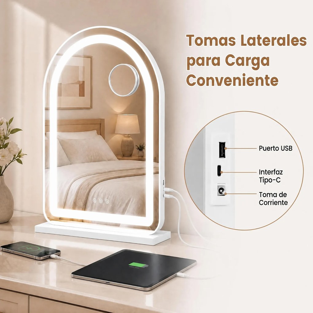 Espelho de Maquilhagem, 40 x 12 x 55 cm, Luz LED de Três Cores Regulável, Branco