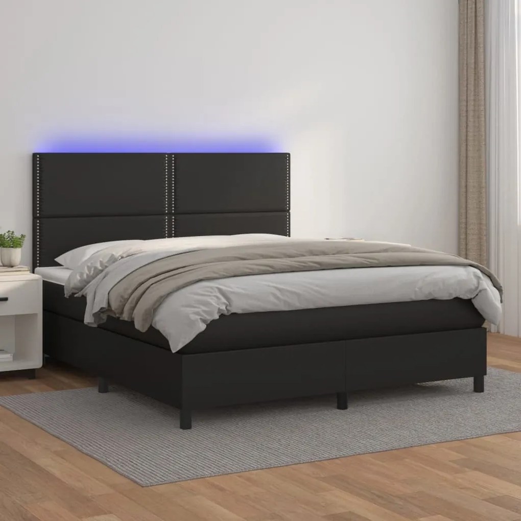 Cama box spring c/ colchão/LED 180x200cm couro artificial preto