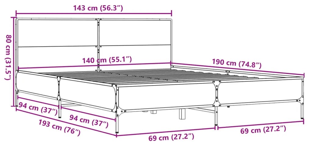 Estrutura cama 140x190 cm derivados de madeira/metal